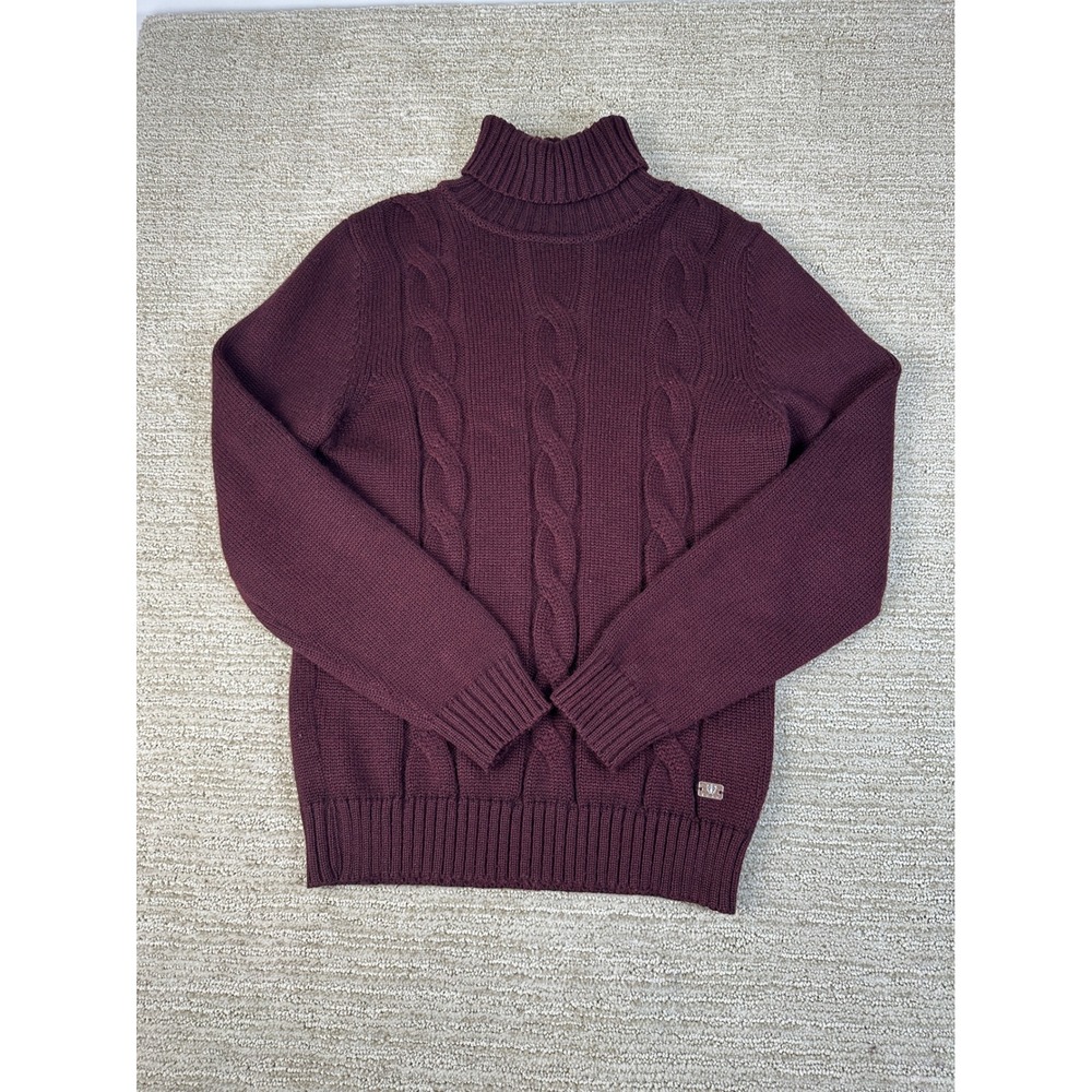 Izac Paris Mens Bordeaux Merino Wool Blend Cable Knit Turtleneck Sweater Small
